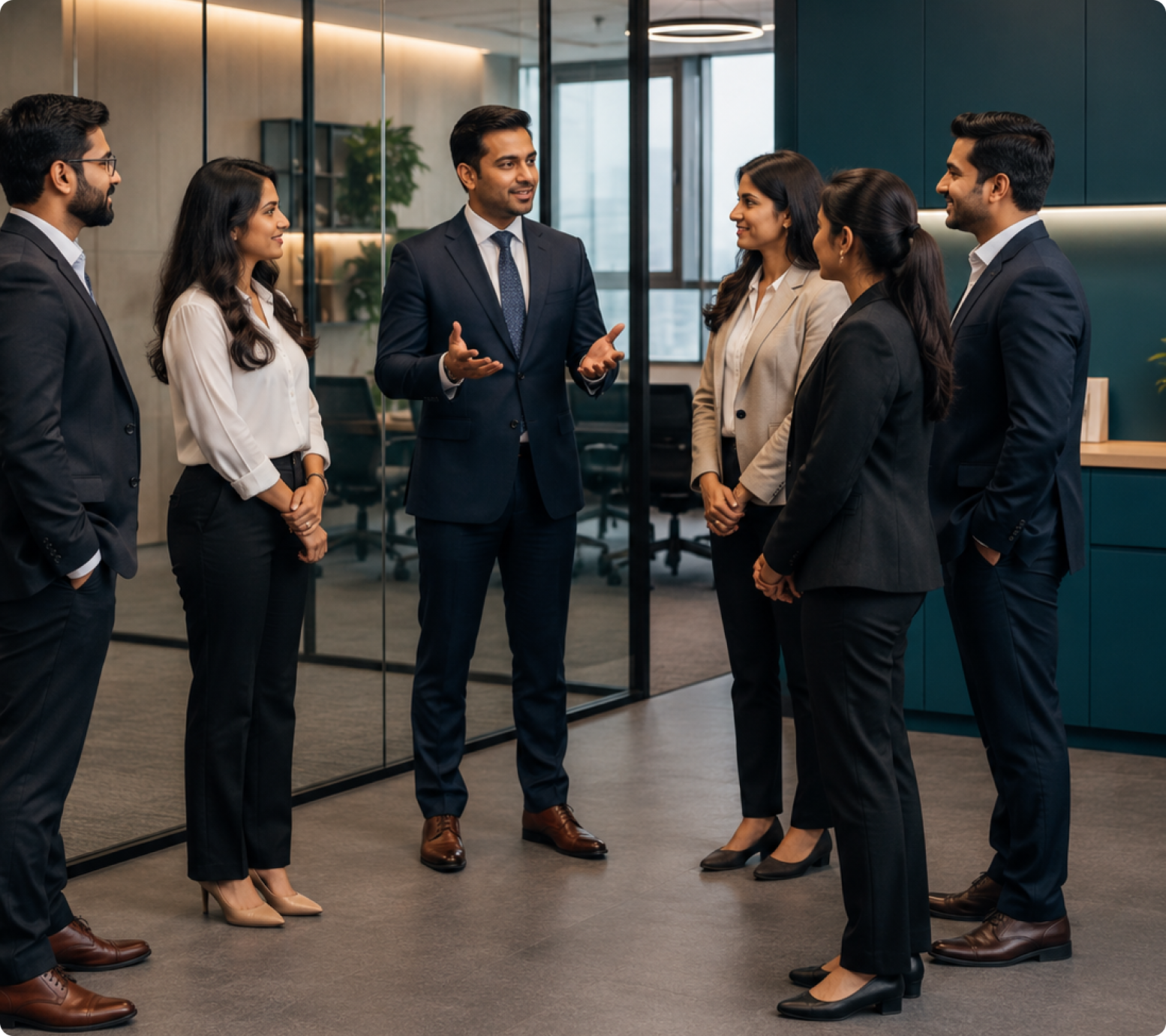 Business professionals talking in a modern office setup