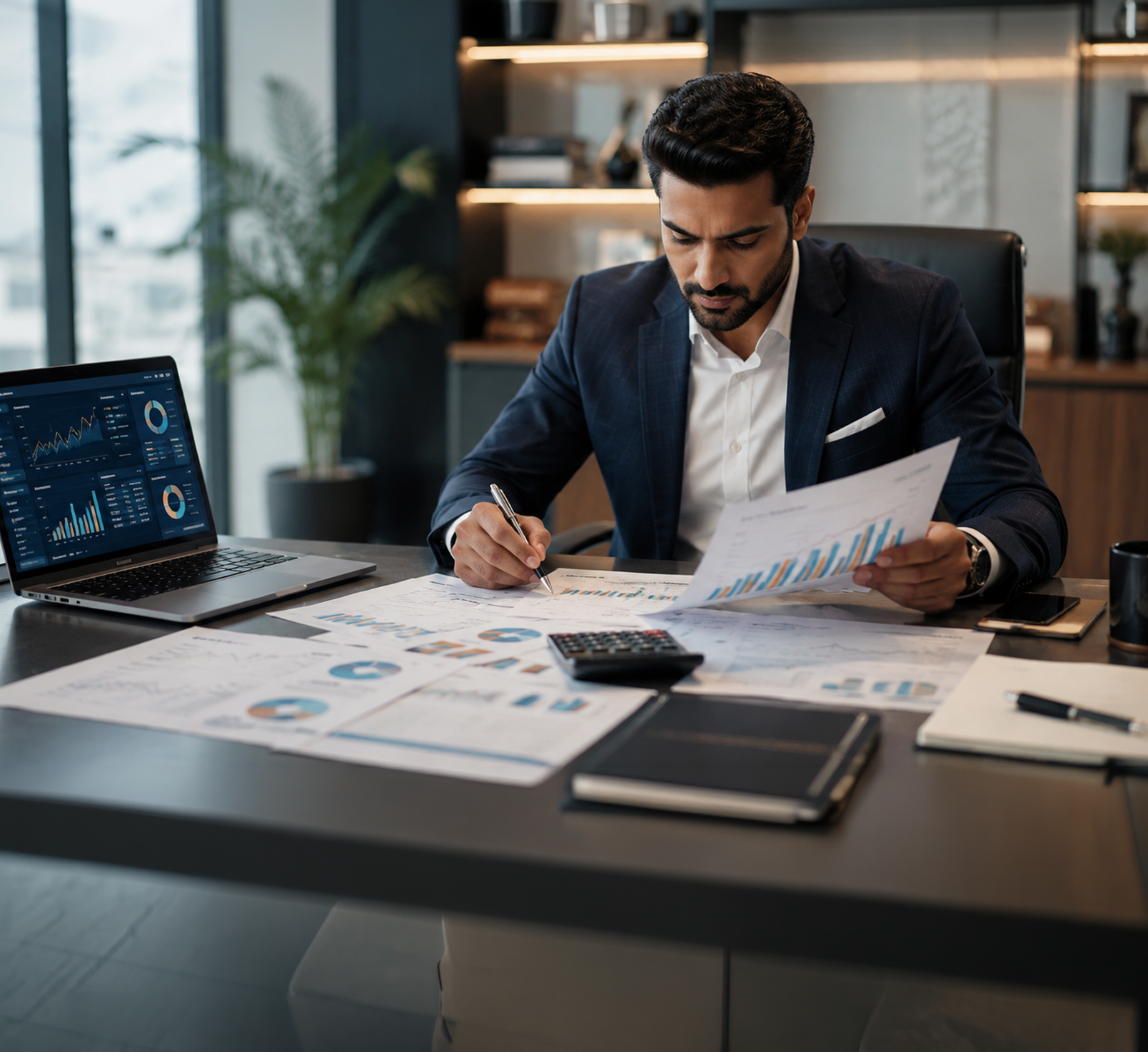 Businessman looking over analytics charts