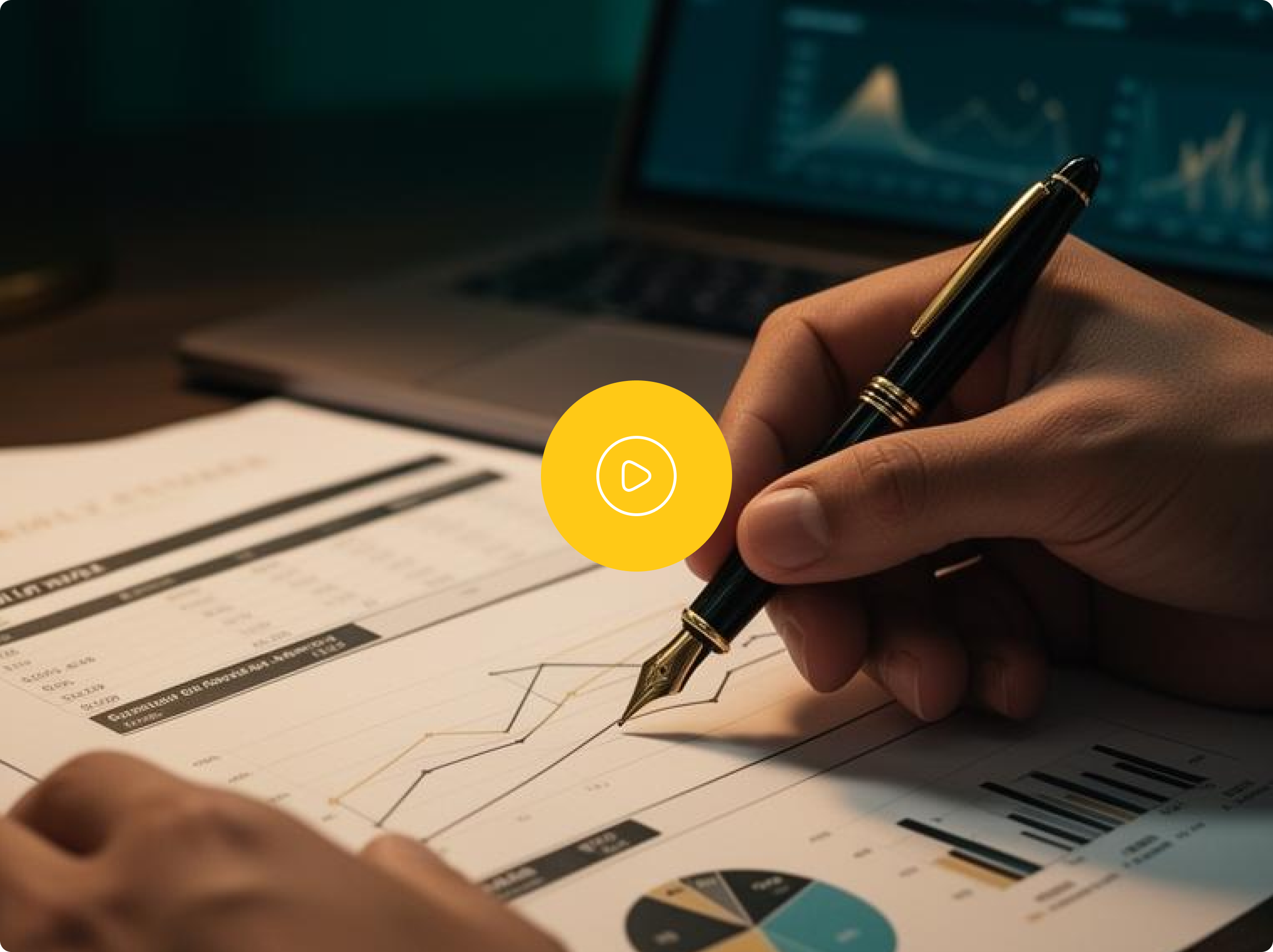 Close up of hand signing accounting spreadsheets with fountain pen